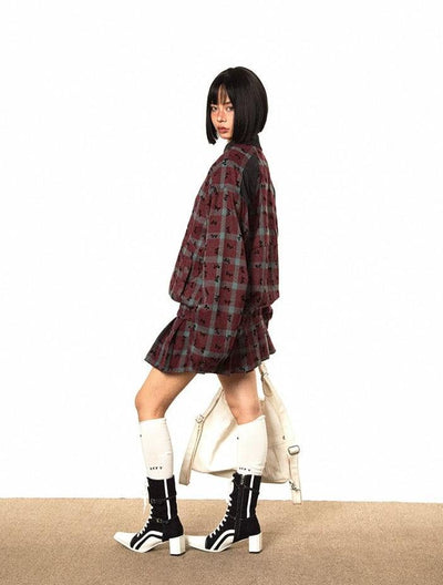 BB Ribbon Bow Pattern Plaid Jacket & Pleated Skirt Set-korean-fashion-Clothing Set-BB's Closet-OH Garments