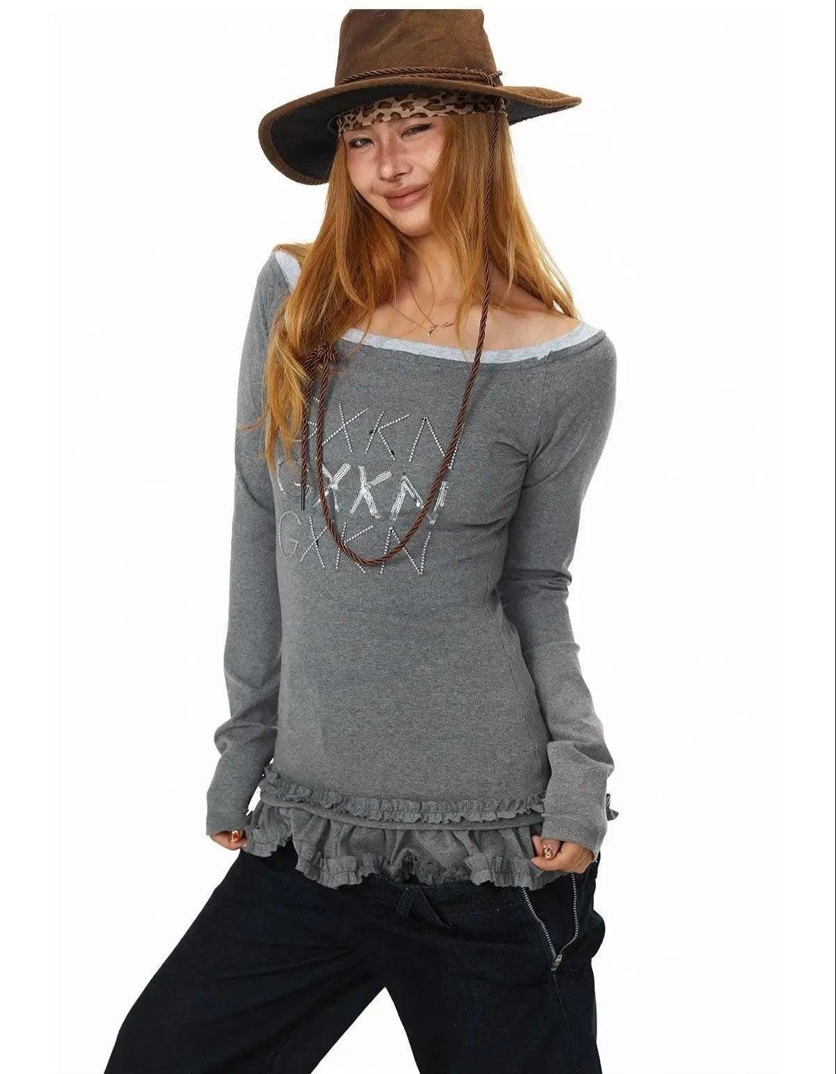 BB Ruffled Hem Off-Shoulder Long Sleeve T-Shirt-korean-fashion-T-Shirt-BB's Closet-OH Garments