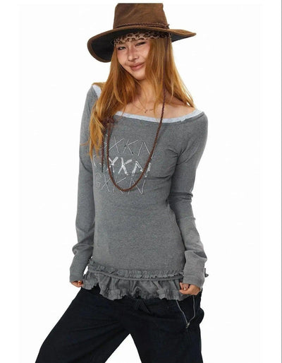 BB Ruffled Hem Off-Shoulder Long Sleeve T-Shirt-korean-fashion-T-Shirt-BB's Closet-OH Garments