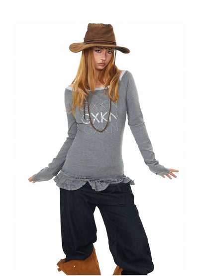 BB Ruffled Hem Off-Shoulder Long Sleeve T-Shirt-korean-fashion-T-Shirt-BB's Closet-OH Garments