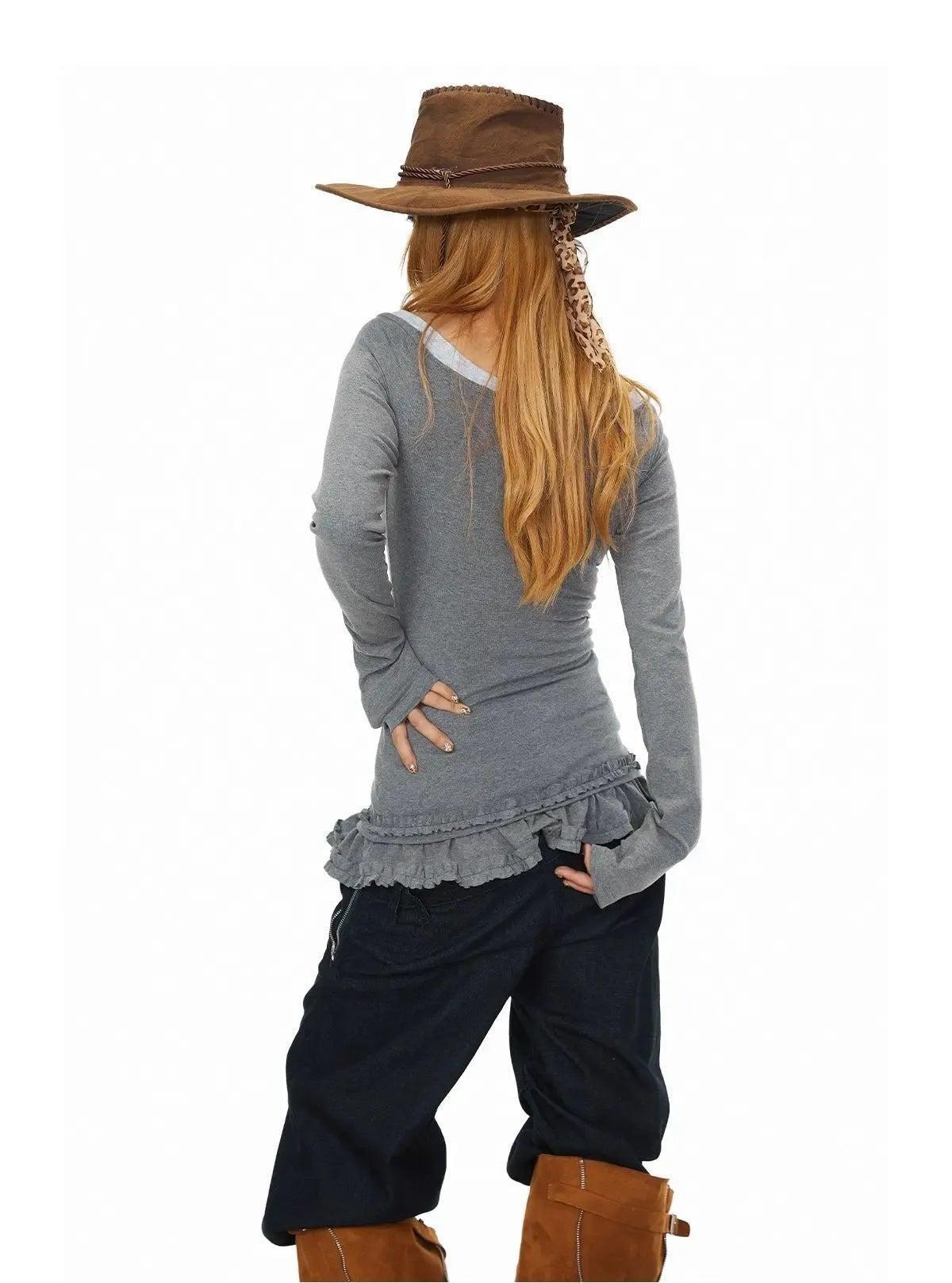 BB Ruffled Hem Off-Shoulder Long Sleeve T-Shirt-korean-fashion-T-Shirt-BB's Closet-OH Garments