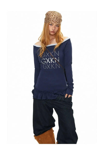 BB Ruffled Hem Off-Shoulder Long Sleeve T-Shirt-korean-fashion-T-Shirt-BB's Closet-OH Garments
