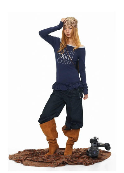 BB Ruffled Hem Off-Shoulder Long Sleeve T-Shirt-korean-fashion-T-Shirt-BB's Closet-OH Garments