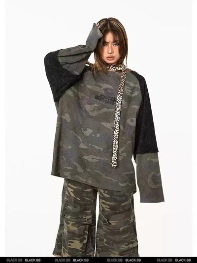 BB Spliced Camouflage Long Sleeve T-Shirt-korean-fashion-T-Shirt-BB's Closet-OH Garments