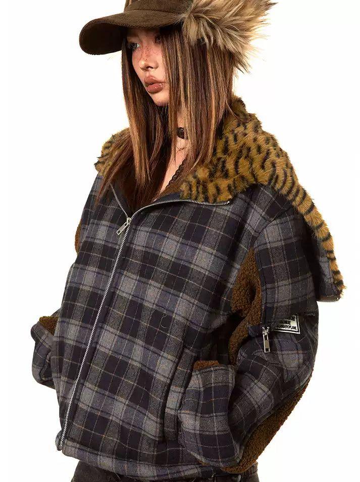 BB Spliced Fleece Hood Plaid Jacket-korean-fashion-Jacket-BB's Closet-OH Garments