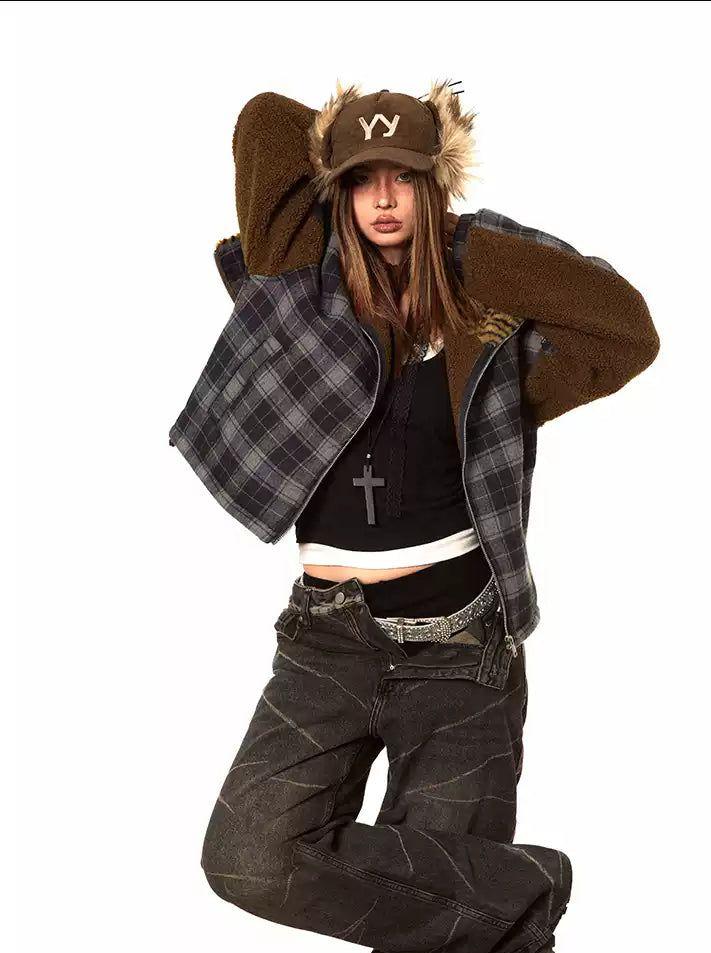 BB Spliced Fleece Hood Plaid Jacket-korean-fashion-Jacket-BB's Closet-OH Garments