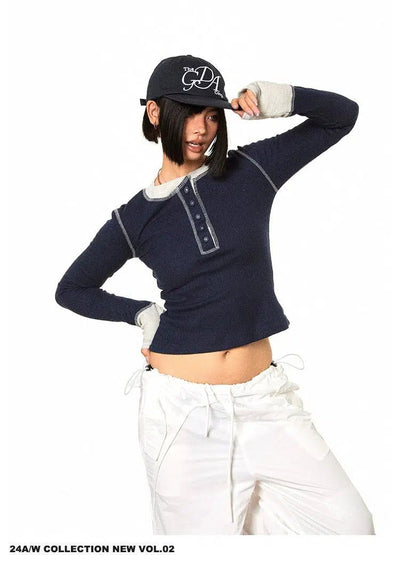 BB Spliced Henley Collar T-Shirt-korean-fashion-T-Shirt-BB's Closet-OH Garments