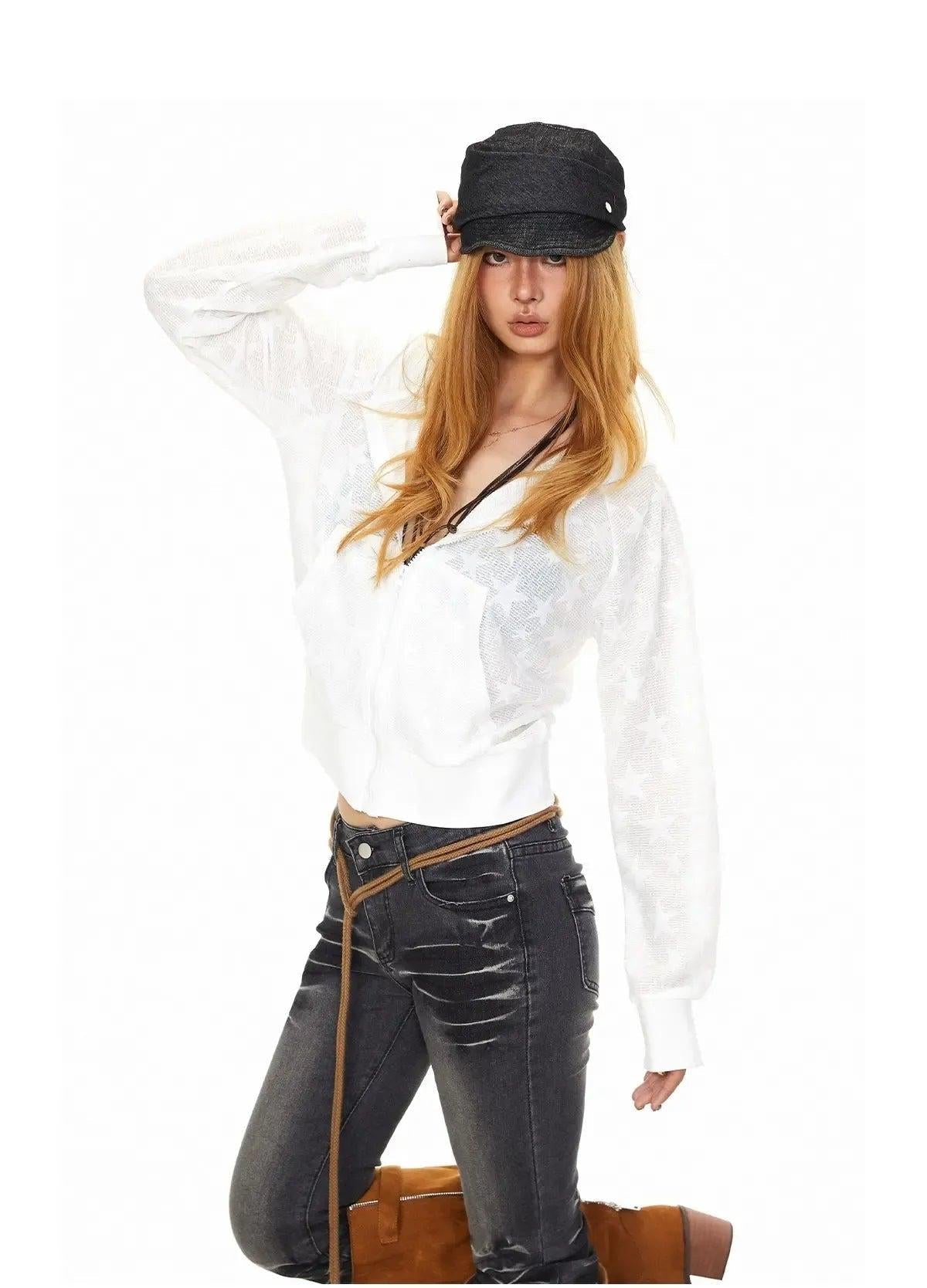 BB Star Hollow Embroidery Zip-Up Hoodie-korean-fashion-Hoodie-BB's Closet-OH Garments