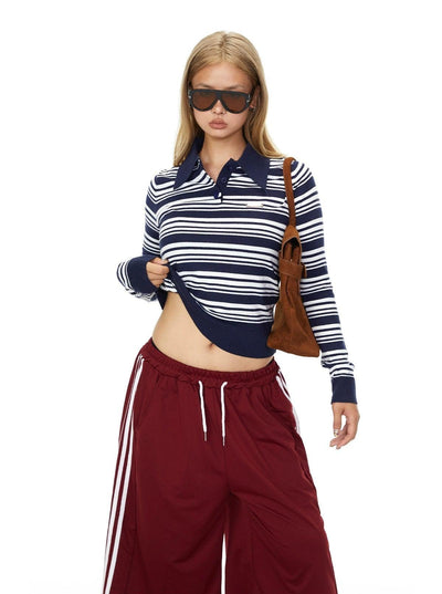 BB Striped Cropped L/S Polo-korean-fashion-Polo-BB's Closet-OH Garments