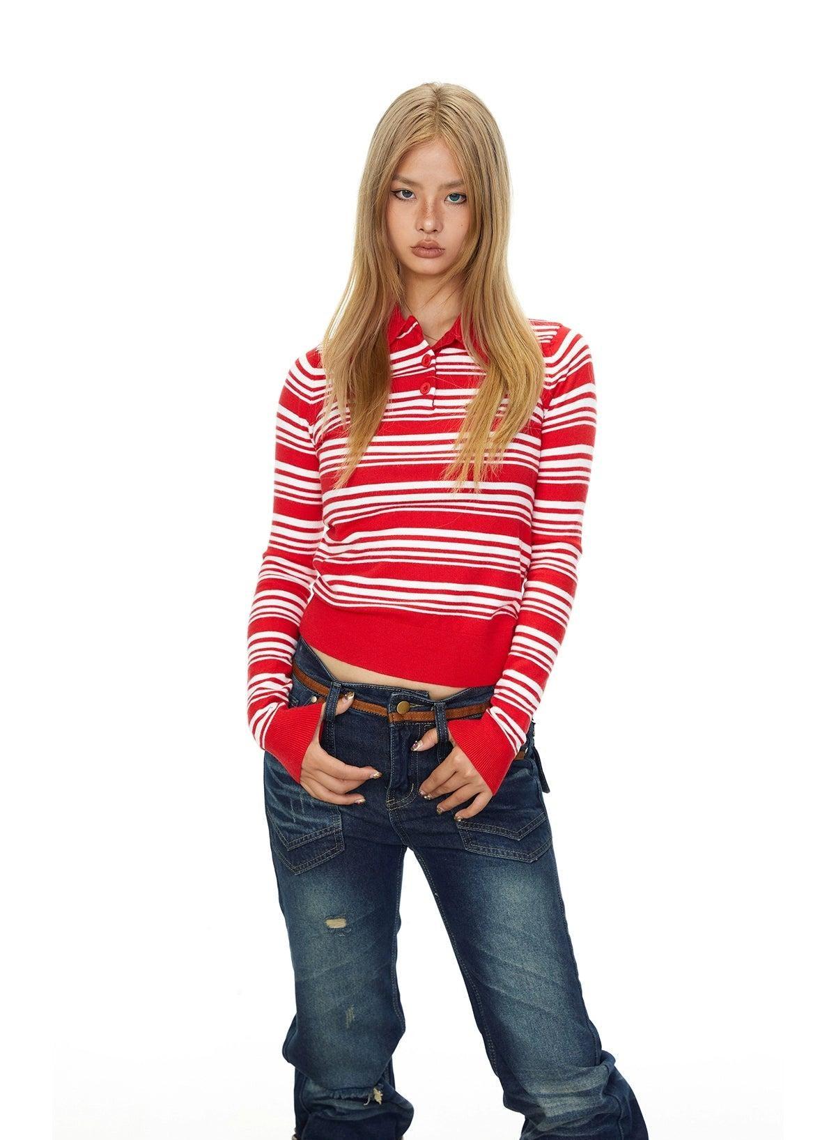 BB Striped Cropped L/S Polo-korean-fashion-Polo-BB's Closet-OH Garments