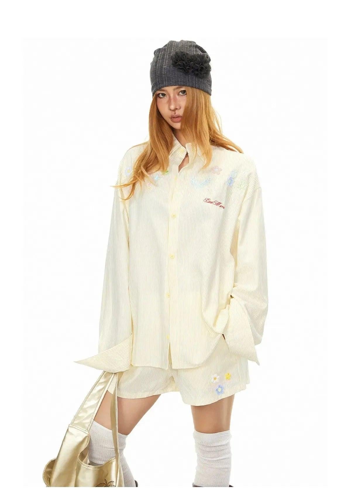 BB Striped Flower Embroidery Shirt & Shorts Set-korean-fashion-Clothing Set-BB's Closet-OH Garments