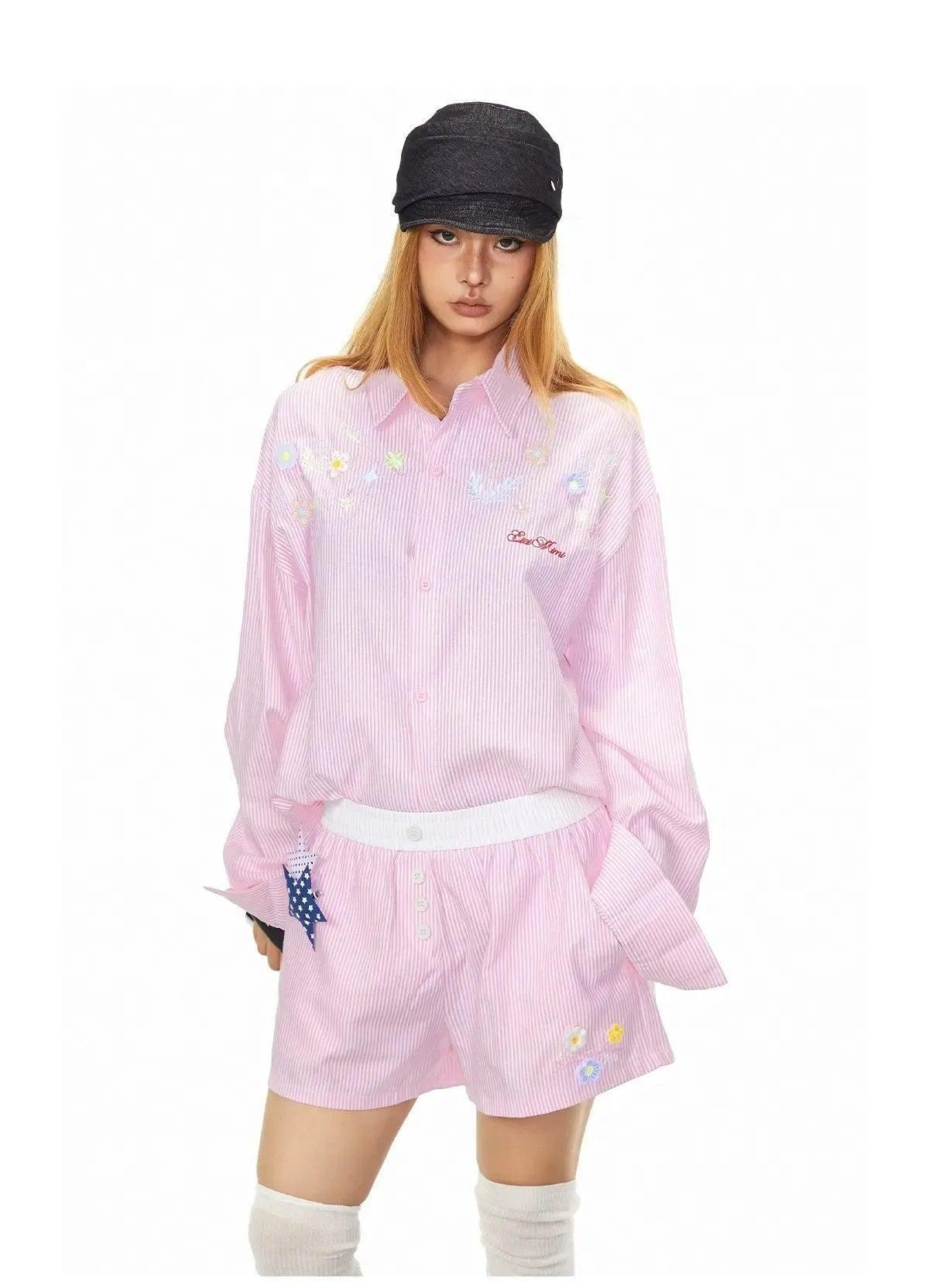 BB Striped Flower Embroidery Shirt & Shorts Set-korean-fashion-Clothing Set-BB's Closet-OH Garments