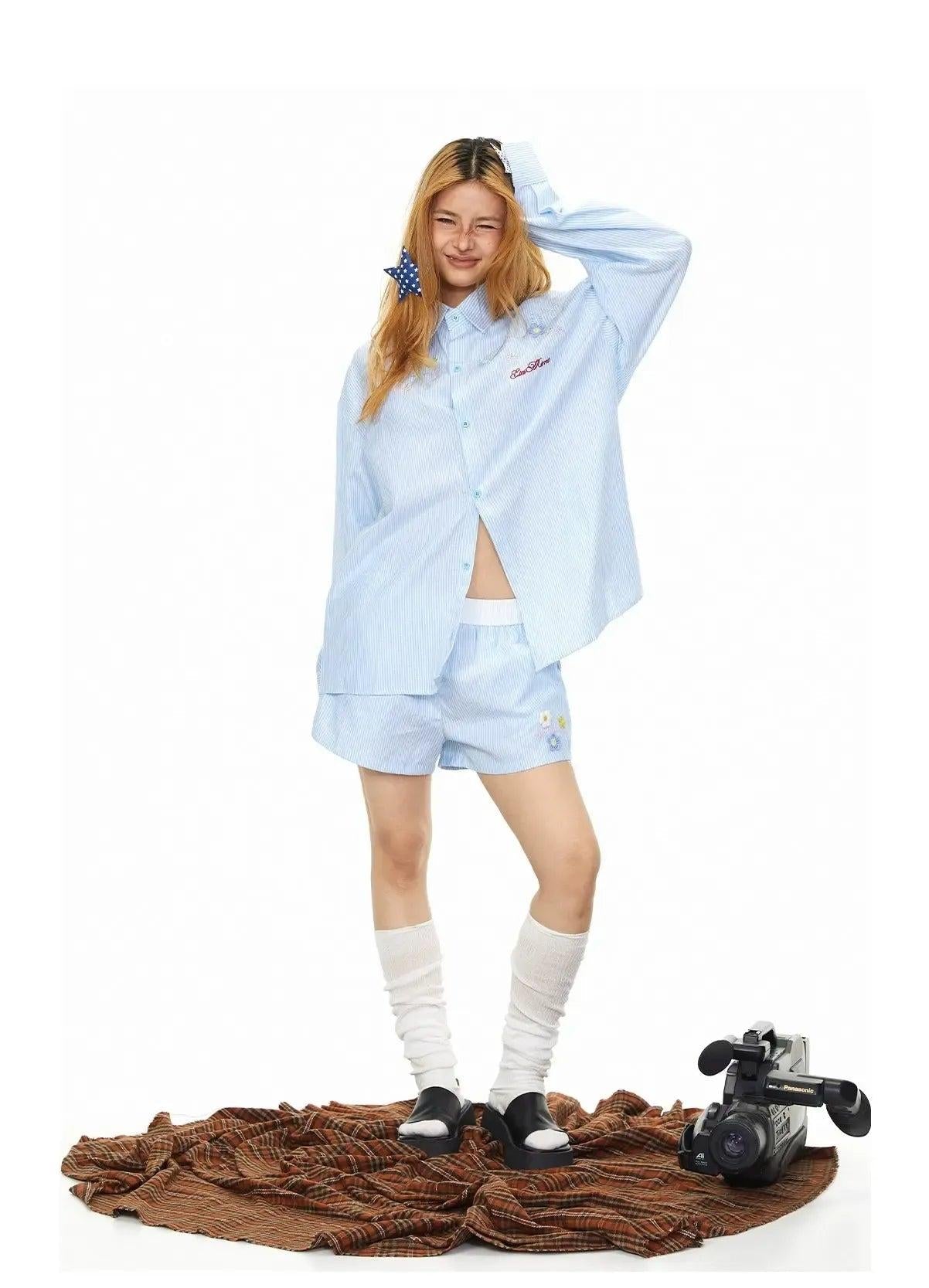 BB Striped Flower Embroidery Shirt & Shorts Set-korean-fashion-Clothing Set-BB's Closet-OH Garments