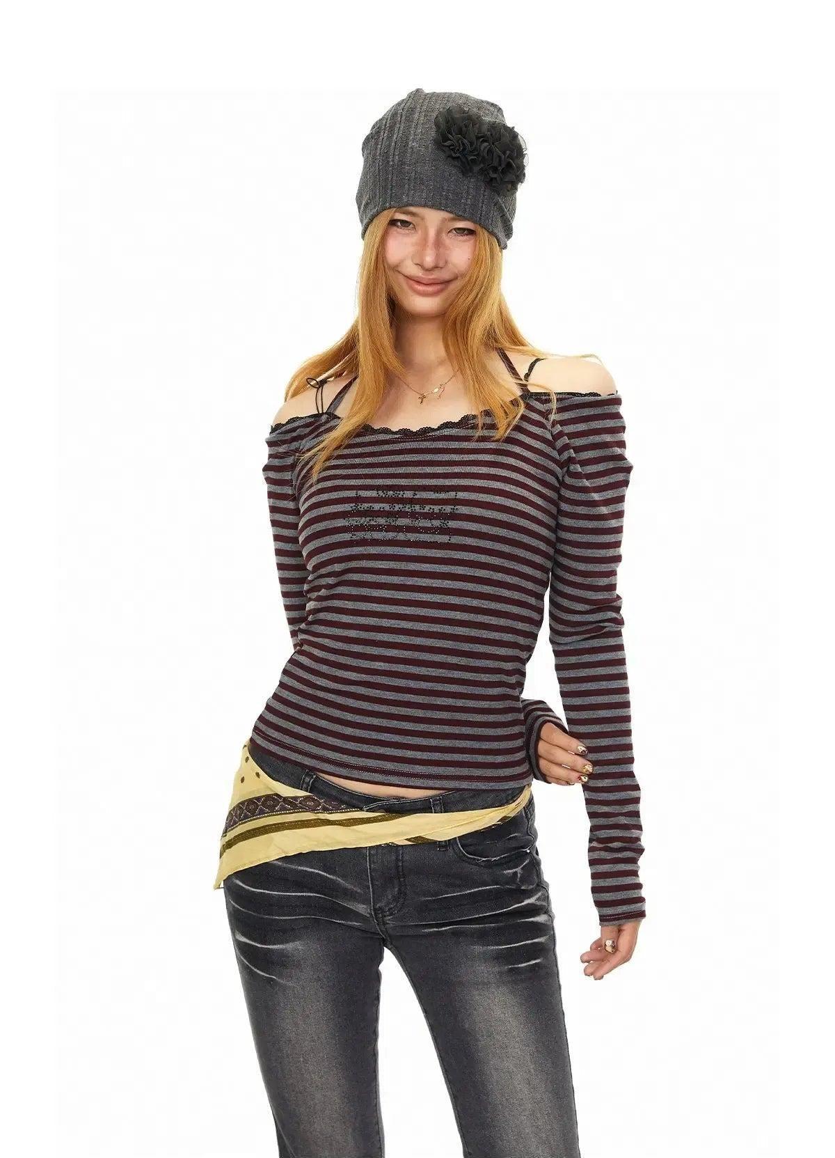 BB Striped Halter Neck Long Sleeve T-Shirt-korean-fashion-T-Shirt-BB's Closet-OH Garments
