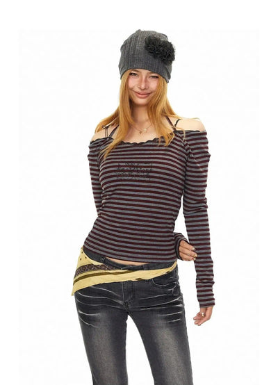 BB Striped Halter Neck Long Sleeve T-Shirt-korean-fashion-T-Shirt-BB's Closet-OH Garments