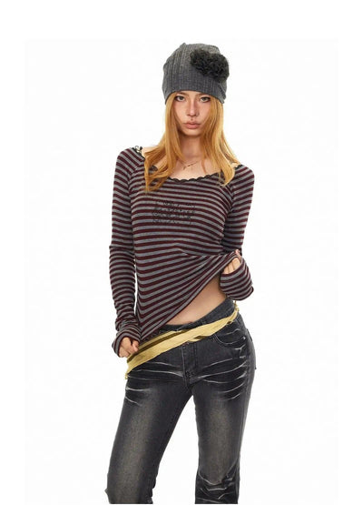 BB Striped Halter Neck Long Sleeve T-Shirt-korean-fashion-T-Shirt-BB's Closet-OH Garments
