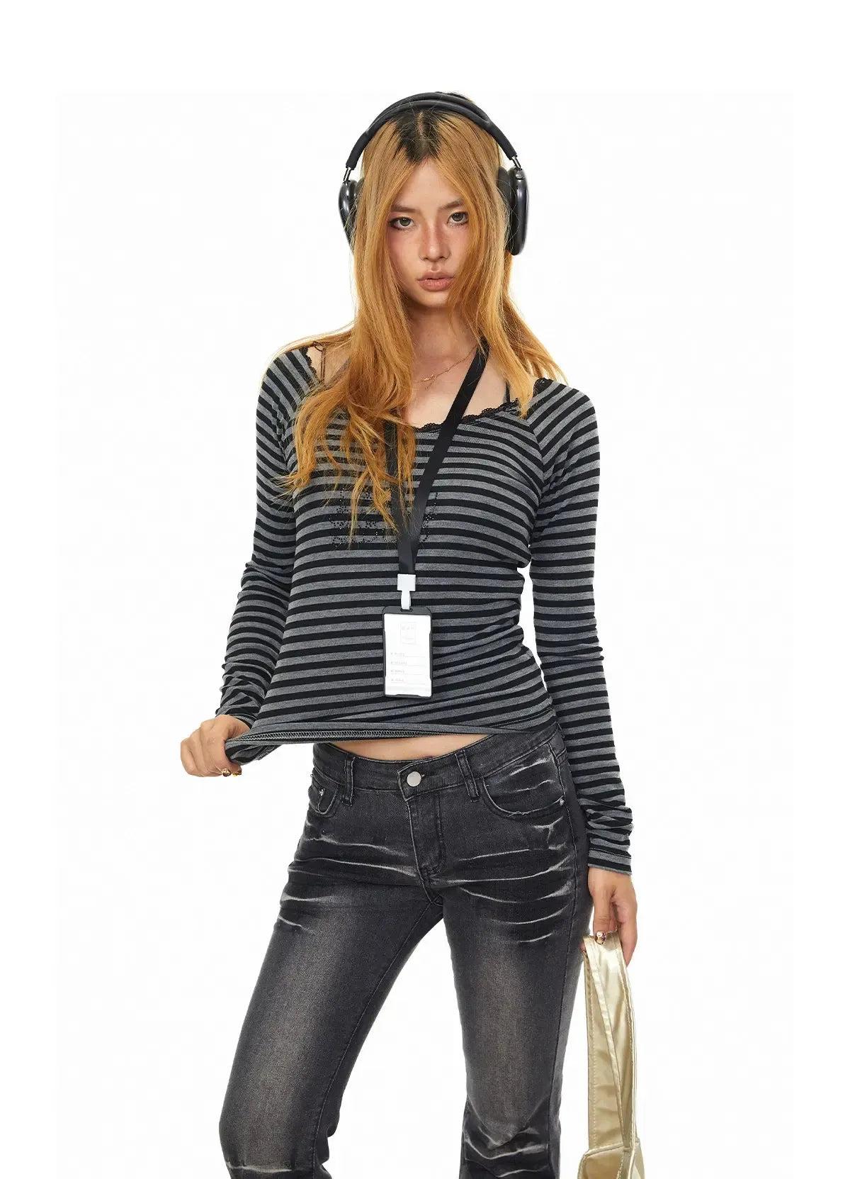 BB Striped Halter Neck Long Sleeve T-Shirt-korean-fashion-T-Shirt-BB's Closet-OH Garments