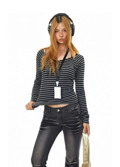BB Striped Halter Neck Long Sleeve T-Shirt-korean-fashion-T-Shirt-BB's Closet-OH Garments