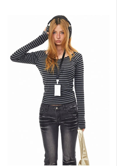 BB Striped Halter Neck Long Sleeve T-Shirt-korean-fashion-T-Shirt-BB's Closet-OH Garments