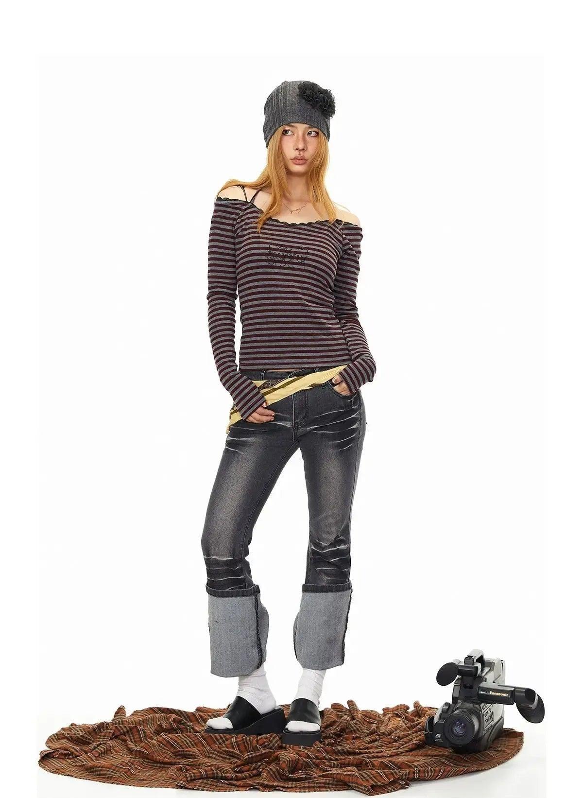 BB Striped Halter Neck Long Sleeve T-Shirt-korean-fashion-T-Shirt-BB's Closet-OH Garments