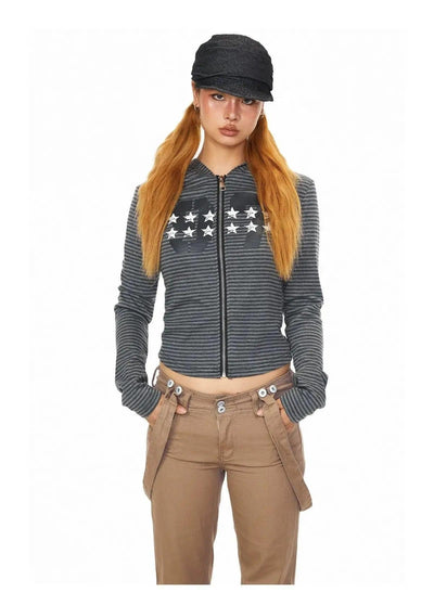 BB Striped Star Print Cropped Zip-Up Hoodie-korean-fashion-Hoodie-BB's Closet-OH Garments