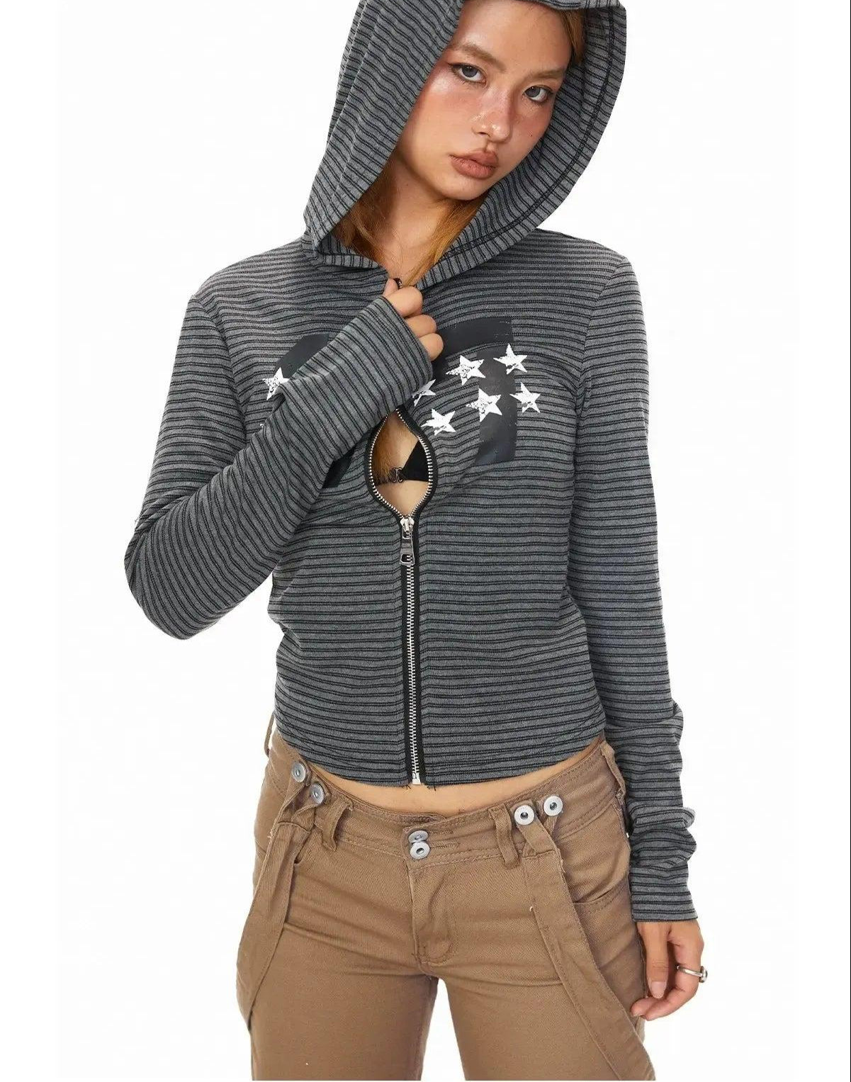 BB Striped Star Print Cropped Zip-Up Hoodie-korean-fashion-Hoodie-BB's Closet-OH Garments