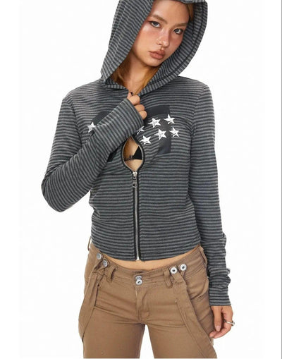 BB Striped Star Print Cropped Zip-Up Hoodie-korean-fashion-Hoodie-BB's Closet-OH Garments