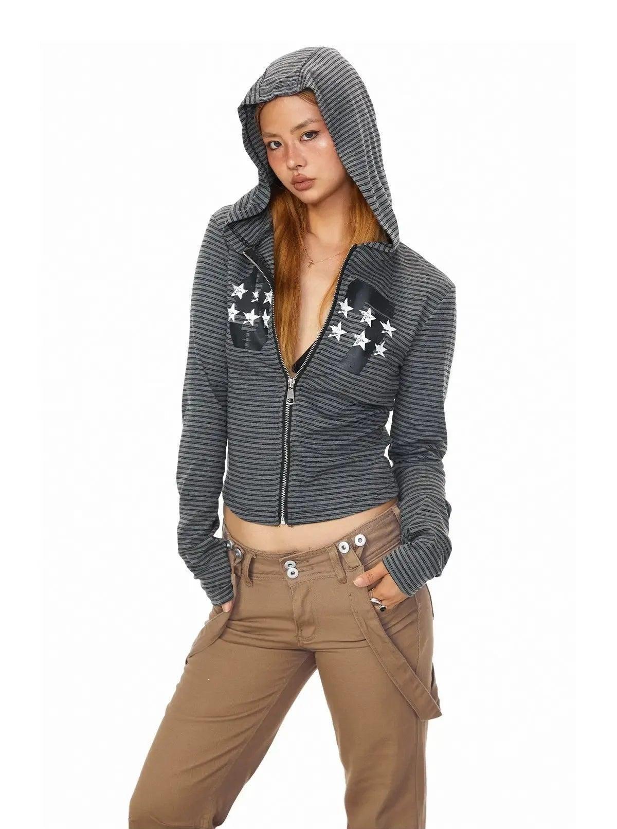 BB Striped Star Print Cropped Zip-Up Hoodie-korean-fashion-Hoodie-BB's Closet-OH Garments