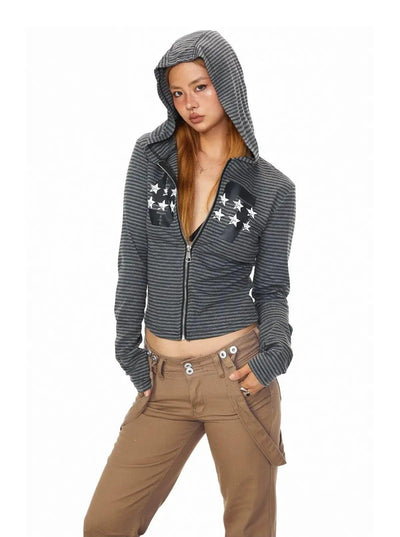 BB Striped Star Print Cropped Zip-Up Hoodie-korean-fashion-Hoodie-BB's Closet-OH Garments