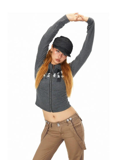 BB Striped Star Print Cropped Zip-Up Hoodie-korean-fashion-Hoodie-BB's Closet-OH Garments