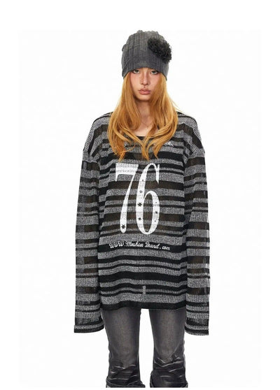 BB Text & Number Striped Lightweight Sweater-korean-fashion-Sweater-BB's Closet-OH Garments