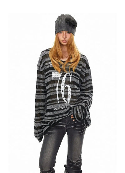BB Text & Number Striped Lightweight Sweater-korean-fashion-Sweater-BB's Closet-OH Garments