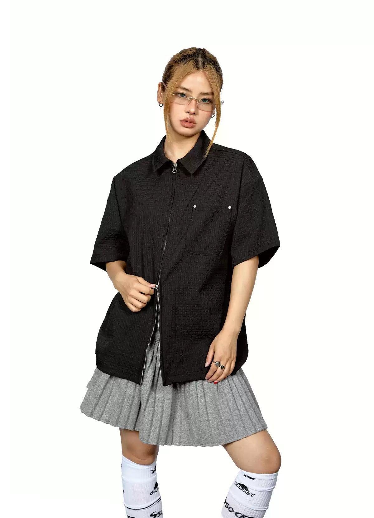 BB Textured Zipped Short Sleeve Shirt-korean-fashion-Shirt-BB's Closet-OH Garments