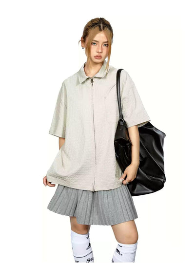 BB Textured Zipped Short Sleeve Shirt-korean-fashion-Shirt-BB's Closet-OH Garments