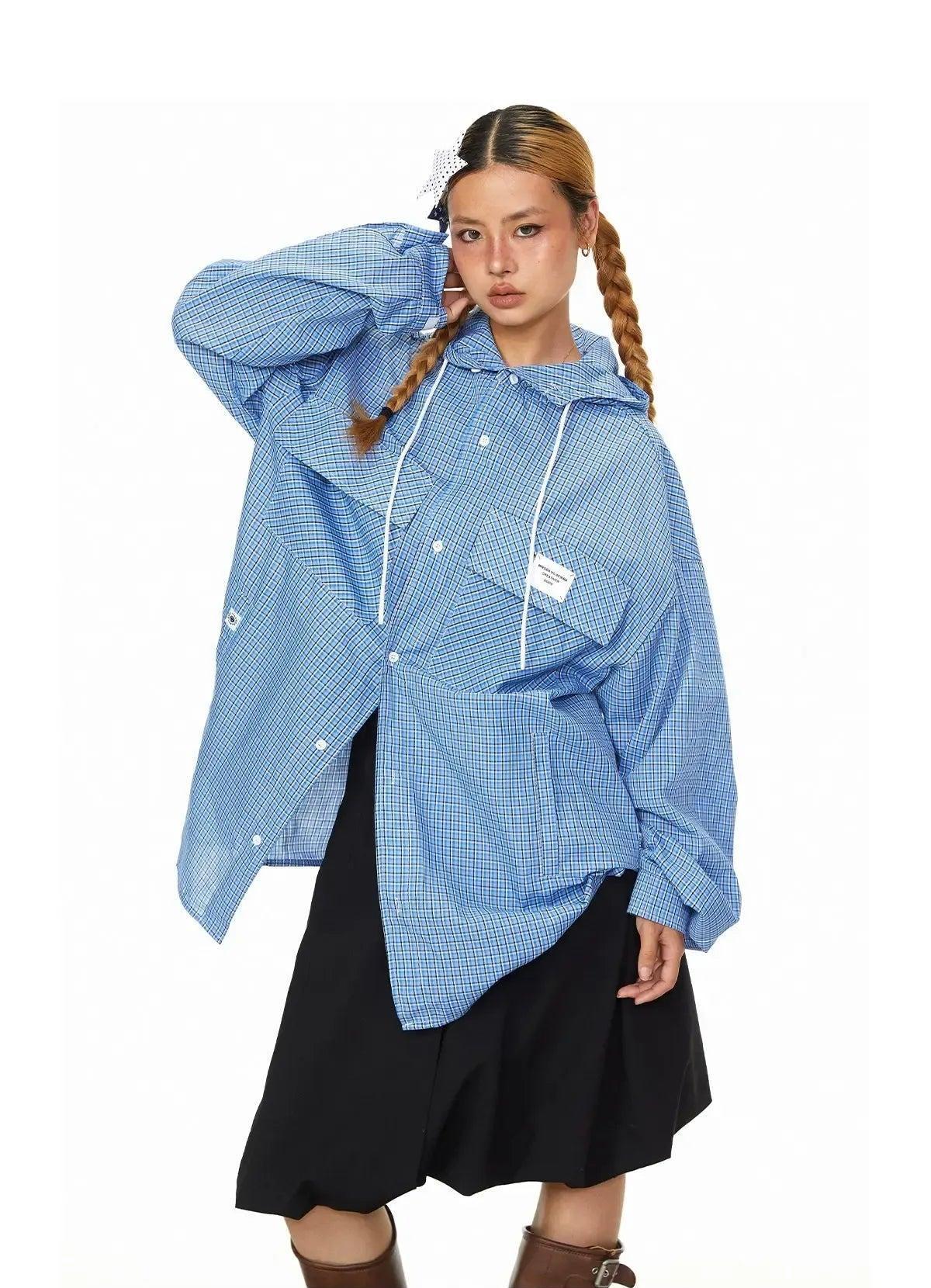 BB Two-Pocket Plaid Drawstring Hooded Shirt-korean-fashion-Shirt-BB's Closet-OH Garments