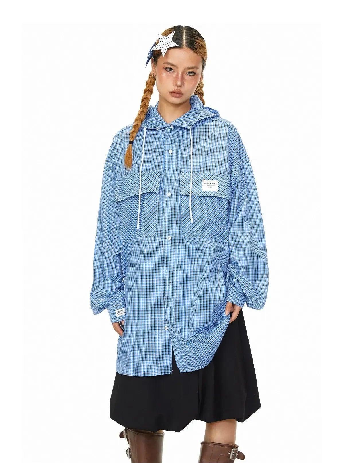 BB Two-Pocket Plaid Drawstring Hooded Shirt-korean-fashion-Shirt-BB's Closet-OH Garments