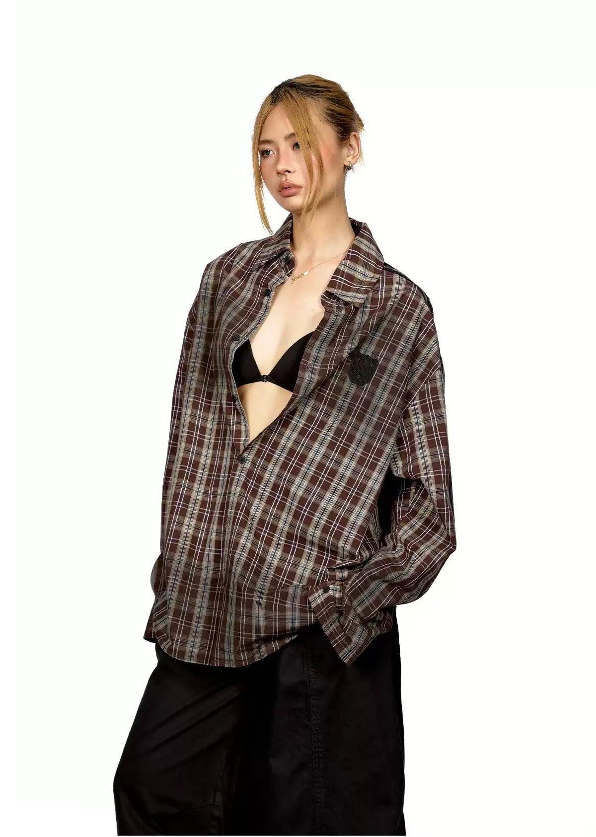 BB Vintage Checkered Patch Detail Shirt-korean-fashion-Shirt-BB's Closet-OH Garments