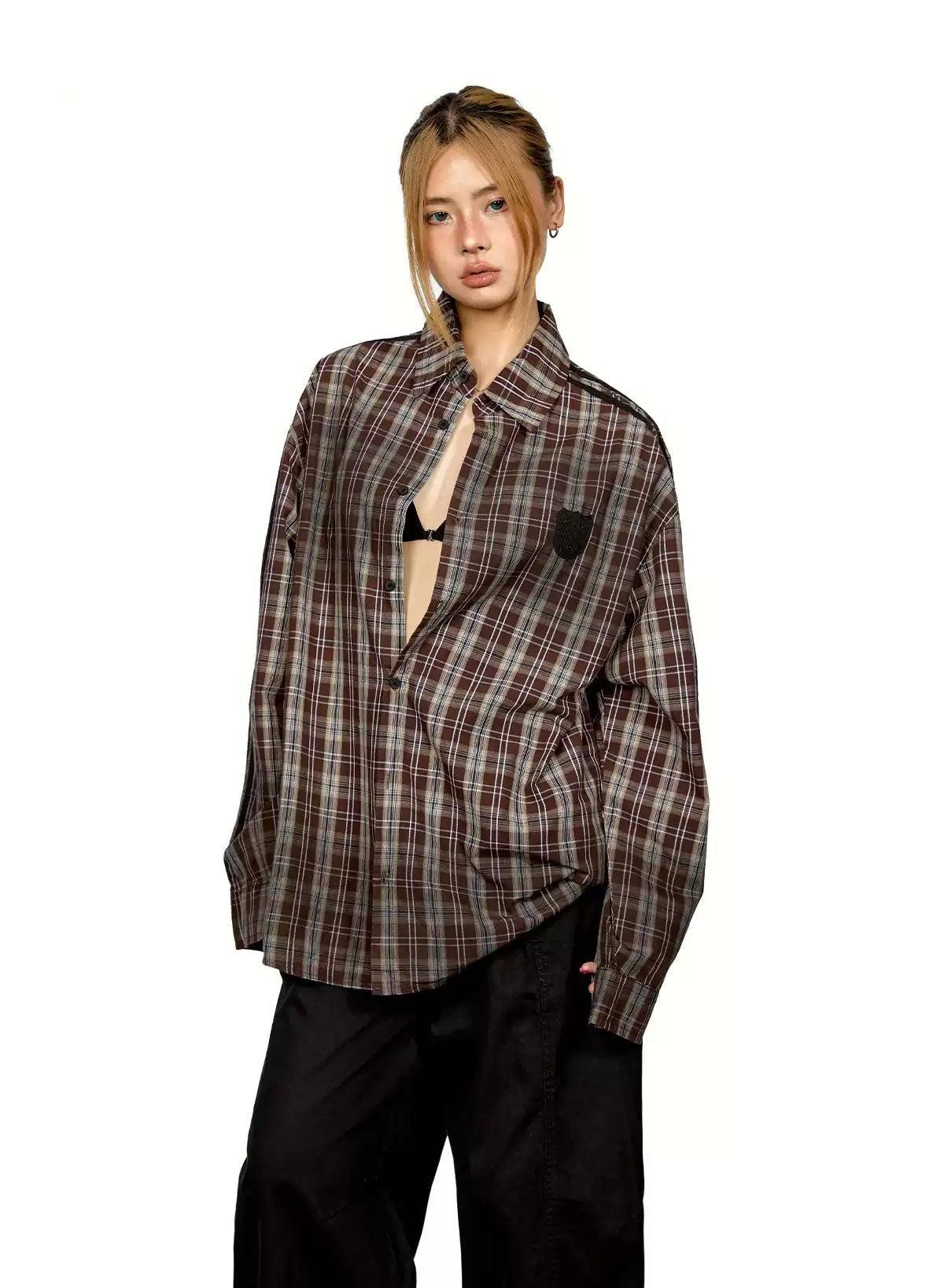 BB Vintage Checkered Patch Detail Shirt-korean-fashion-Shirt-BB's Closet-OH Garments