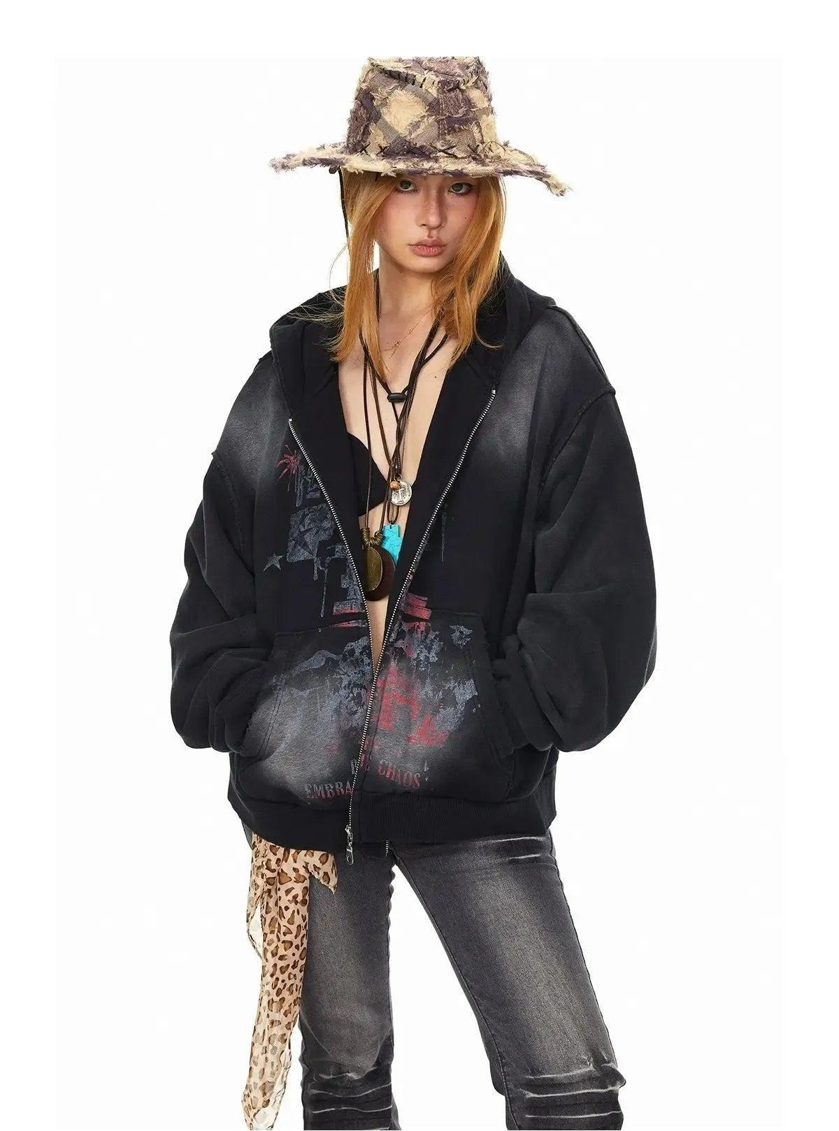 BB Washed Graffiti Print Zip-Up Hoodie-korean-fashion-Hoodie-BB's Closet-OH Garments