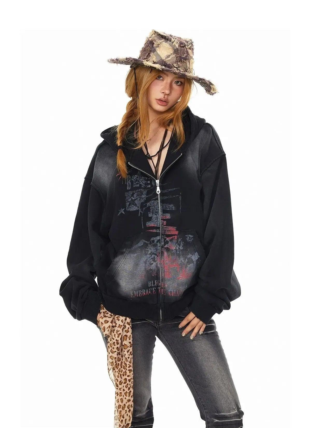 BB Washed Graffiti Print Zip-Up Hoodie-korean-fashion-Hoodie-BB's Closet-OH Garments