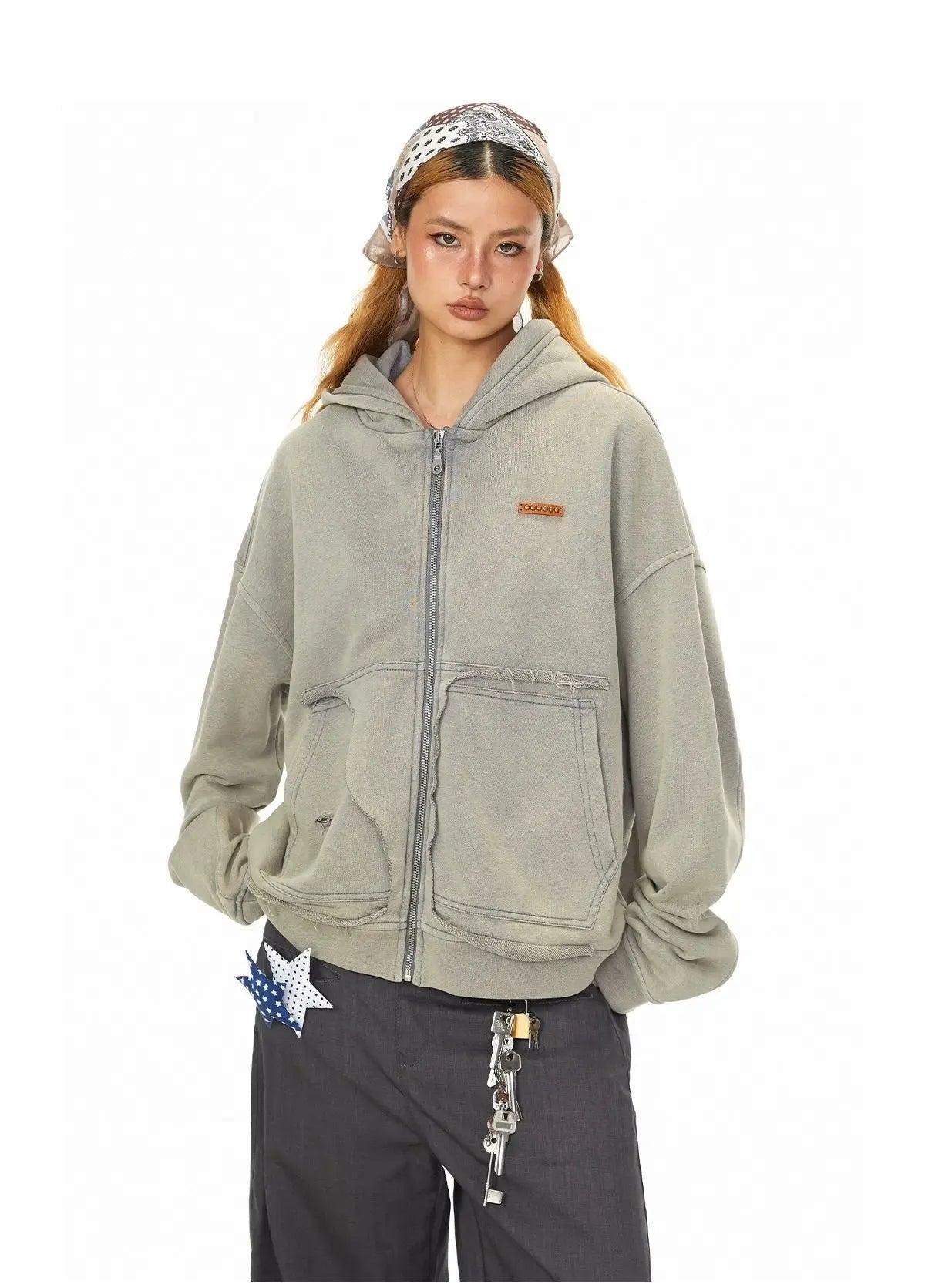 BB Washed Patch Pocket Zip-Up Hoodie-korean-fashion-Hoodie-BB's Closet-OH Garments