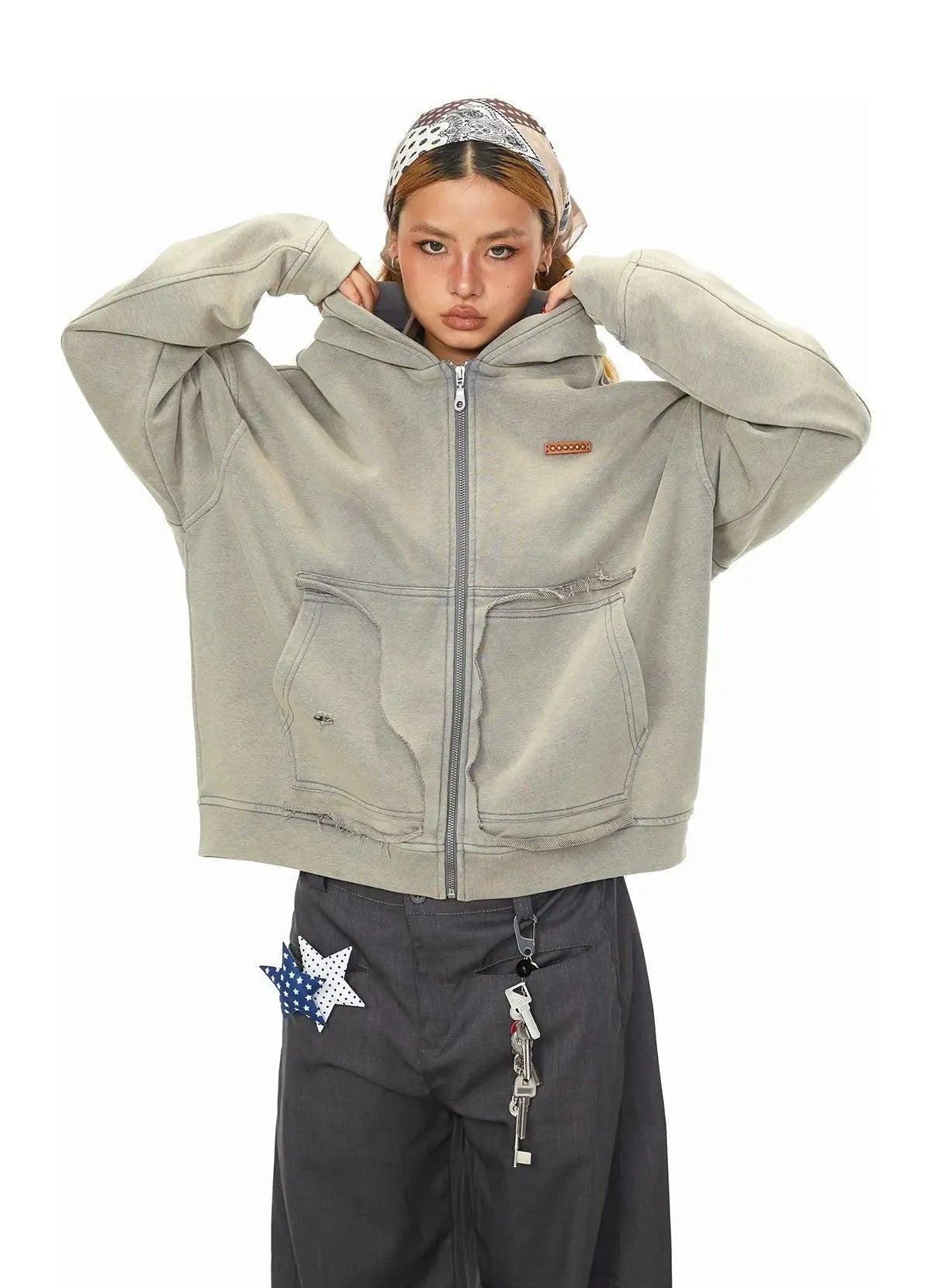 BB Washed Patch Pocket Zip-Up Hoodie-korean-fashion-Hoodie-BB's Closet-OH Garments