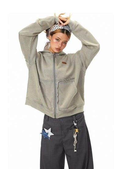 BB Washed Patch Pocket Zip-Up Hoodie-korean-fashion-Hoodie-BB's Closet-OH Garments