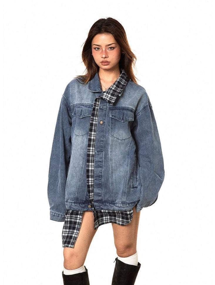 BB Washed Plaid Patch Denim Jacket-korean-fashion-Jacket-BB's Closet-OH Garments