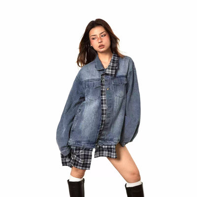 BB Washed Plaid Patch Denim Jacket-korean-fashion-Jacket-BB's Closet-OH Garments