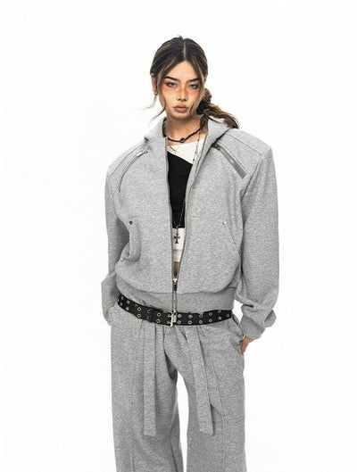 BB Wide Shoulder Pad Zip-Up Hoodie & Strap Sweatpants Set-korean-fashion-Clothing Set-BB's Closet-OH Garments
