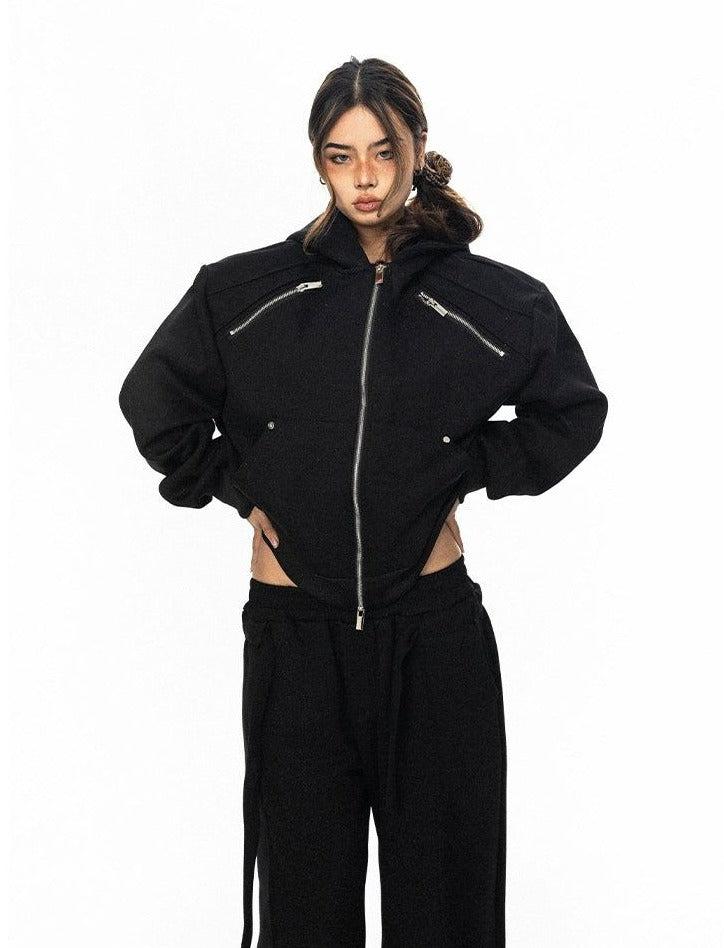 BB Wide Shoulder Pad Zip-Up Hoodie & Strap Sweatpants Set-korean-fashion-Clothing Set-BB's Closet-OH Garments