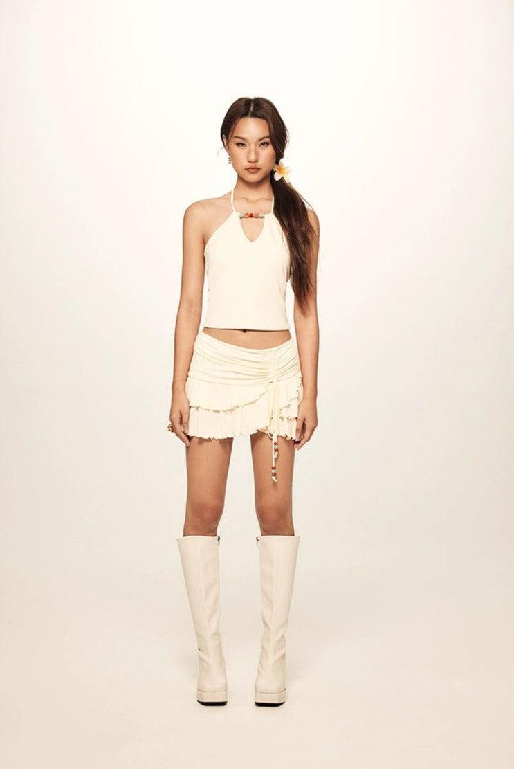 Beer Beaded Halter Neck Camisole & Pleated Strings Skirt Set-korean-fashion-Camisole-Beer's Closet-OH Garments