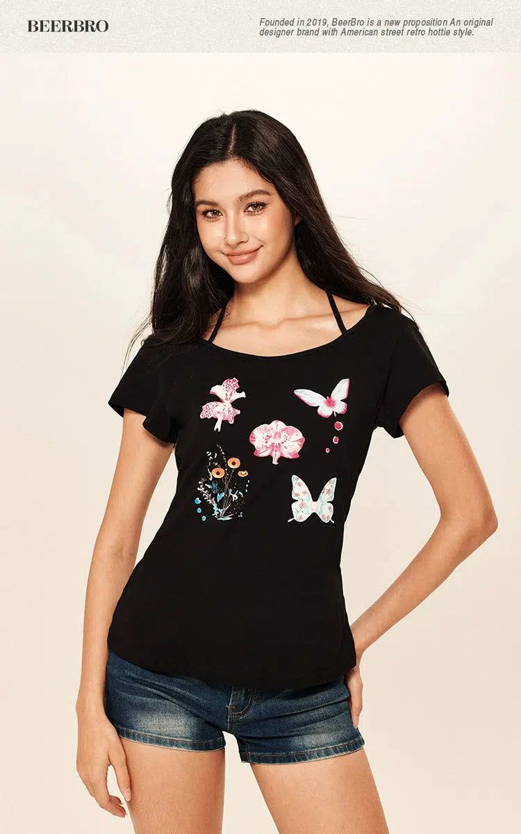 Beer Butterfly & Floral Halter Neck T-Shirt-korean-fashion-T-Shirt-Beer's Closet-OH Garments