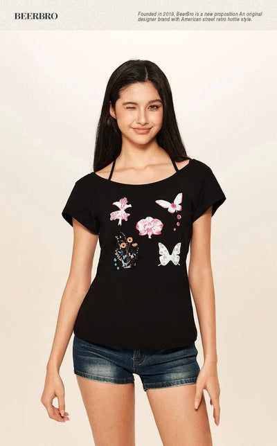 Beer Butterfly & Floral Halter Neck T-Shirt-korean-fashion-T-Shirt-Beer's Closet-OH Garments